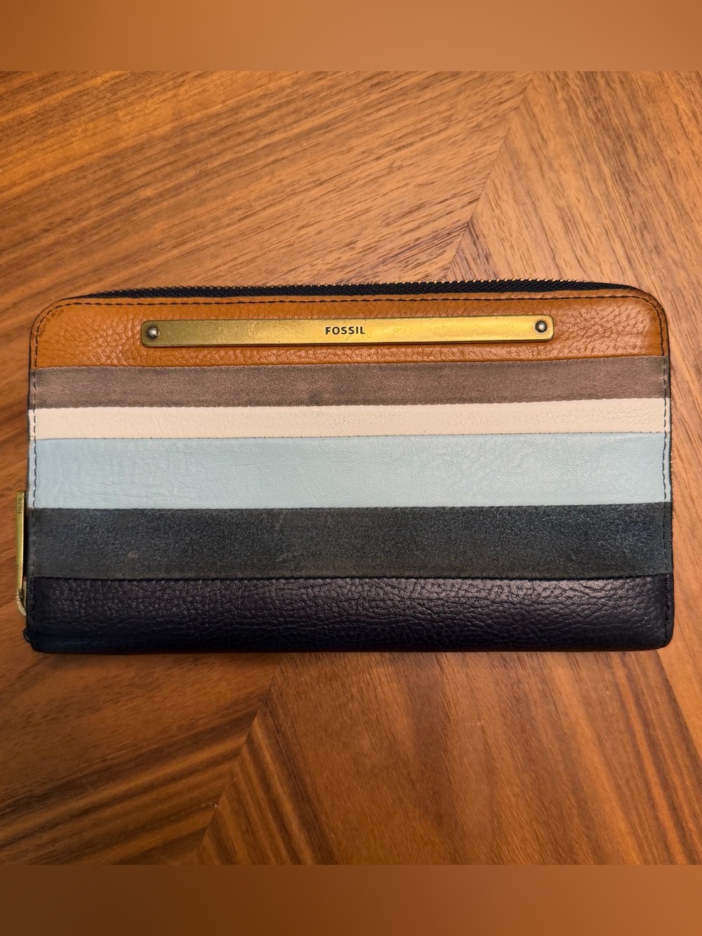 Fossil Striped Leather Zip Wallet in Tan, Brown, Cream, Light Blue, and Black